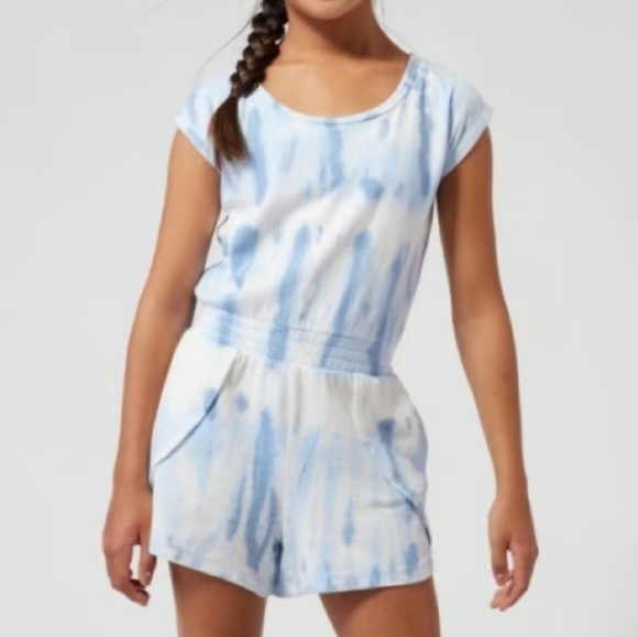 Athleta Other - Athleta Girl Retreat Yourself Romper Girls L White Blue Tie Dye Athlesure Sporty